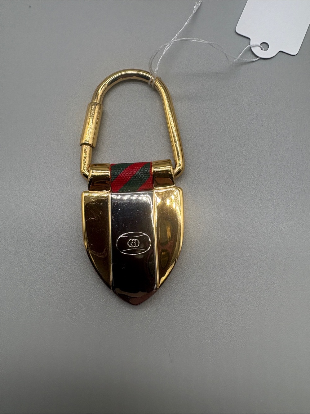 Vintage Gucci Rigato Shield Key Ring Web Stripe Gold Tone with COA